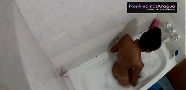  Hidden camera in the bath while teen masturbing the ass , her cousin enter and fuck so hard